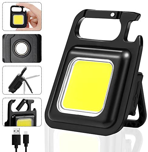 Small Flashlight, 1000Lumens Bright Rechargeable Keychain Flashlights, COB Mini Flashlight with 3 Light Modes, Portable Pocket Light with Folding Bracket, Bottle Opener and Magnet Base for Walking