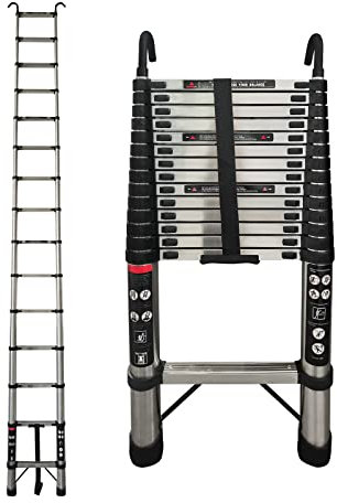 4,4M Teleskopleiter, Mehrzweckleiter mit Haken Edelstahl EN131-zertifizierte, 150 kg/330 Pfund Belastbarkeit, Ausziehleiter für Dachboden, Kletterdach, Büronutzung, Baujob