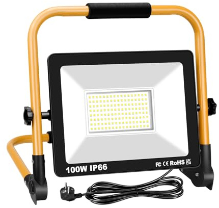 SKYWORLD Projecteur de Chantier LED 100W,Lampe Chantier avec Prise,Lampe d'extérieur Pliable Portable Projecteur LED,Projecteur LED Lampe de Patio Garage Terrasse Jardin Chantier,Lumière Blanche 6500K