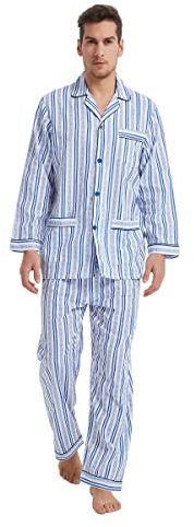 GLOBAL Mens Pyjamas Set | 100% Cotton PJs | Button Front Top and Elastic and Drawstring Bottoms Blue,Stripe L