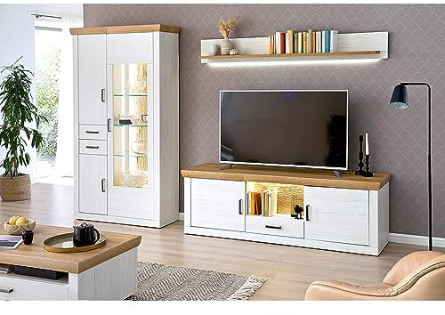 Lomadox Wohnmöbel Kombination mit Kombi-Vitrine, Wandregal und TV Board mit LED Beleuchtung in Pinie weiß mit Eiche Nb. im Landhaus Stil, Schrankwand, Wohnwand B/H/T ca. 302/205/50 cm