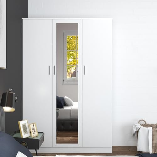 3 Doors Mirrored Wardrobe for Bedroom Bedroom Furniture Robe with 6 Storage Compartments, Hanging Rail, 115.4 x 50 x 180 cm (White)