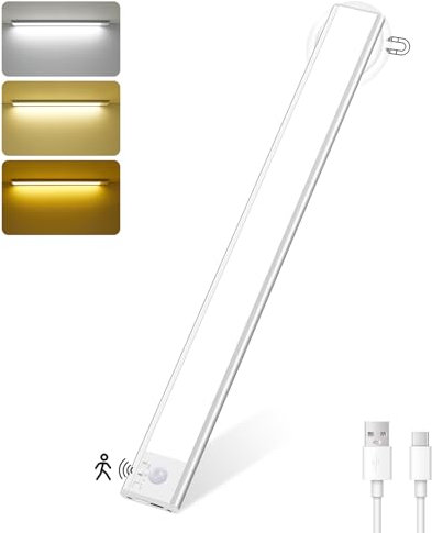 HighLuc Luz de Armario con Sensor Movimiento 146 LEDs, Recargable 40CM Luces Led Cocina, Regulable Magnética Lampara Led USB-C 3 Color para Gabinete Cocina, Escaleras, Armario, Garaje, 1 Pieza