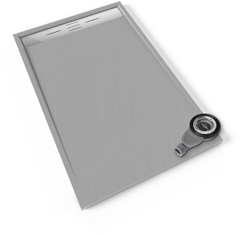Plato de ducha SMC Hiemal 120x70 cm | Moments of Glass | Gris RAL 7030 – Antiderrapante, Textura Pizarra, Antibacteriano, Resistente a agentes químicos – Incluye válvula y rejilla Inox