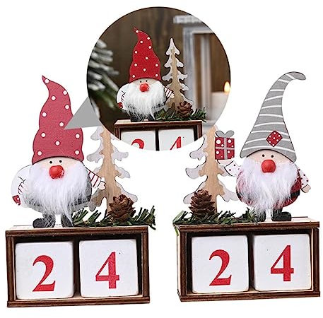 PRETYZOOM 2stücke Holz Weihnachtsschmuck Kalenderdesign für Schreibtischdekoration und Vitrine Graue und Rote Mütze mit Geschenk Praktischer Weihnachtsdeko für Festtagsstimmung