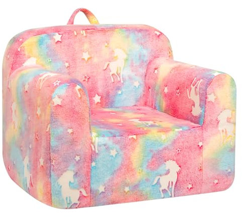 BEJOY Kindersofa - Ultra-Weicher Schaumstoff Gefüllter Kindersessel, Kuscheliger Flanell Lesecouch für Mädchen und Jungen - Zuckerwatte mit Einhörnern
