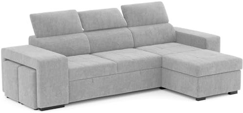 BUDWING John Sofá Cama Esquinero 4 Plazas - Chaise Longue Reversible, Reposacabezas Ajustable y 2 Pufs – Tapizado en Poliéster – Estilo Moderno – 263x161x96 cm – Gris Claro