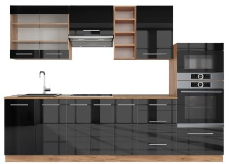 Vicco Küchenzeile Fame-Line, Anthrazit Hochglanz/Goldkraft Eiche, 280 cm | 9 Module · Höhenverstellbare Füße · Arbeitsplatte Eiche · MDF-Fronten · Softclose · Metallgriffe