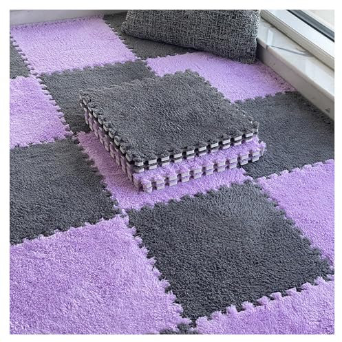 10 Stück Plüsch-Schaumstoff-Bodenmatte Mit Rand, Flauschige Teppichquadrate, Zottelige Ineinandergreifende Teppichfliesen, Puzzle-Spielmatte Für Wohnzimmer(Color:Grau + Lila)