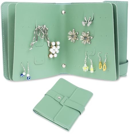 Earring Book, Earring Holder Organizer with Foldable Book Design Earring Storage Case Organizer Roll Stud Earring Organizer Earring Board Portable Pu Leather Travel Earring Case for Women Green