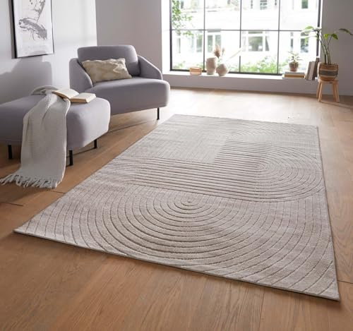 Taracarpet Moderner In & Outdoor Kurzflor Boho Skandi Designer Teppich mit 3D Effekt für Wohnzimmer Schlafzimmer und die Küche auch für Balkon und Terrasse geeignet beige 120x170 cm
