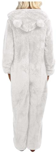 Tuta Intera Pile Invernale Animale Orecchie D'Orso Tuta Donna in Pile Elegante Pigiama con Cappuccio Tinta Unita Autunno e Inverno Camicia da Notte di Grandi Dimensioni Divertente (White, XXXL)