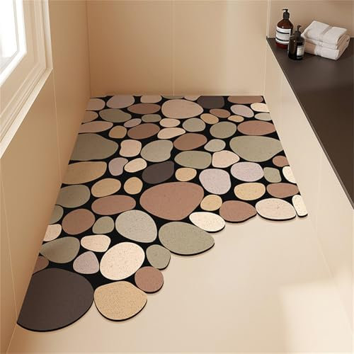 Surwin Tapis Douche Antidérapant,Motif Galets Tapis de Douche en Luffa Séchage Rapide Tapis de Bain PVC Massage Tapis Bain Doux, Tapis de Baignoire avec Trou de Drainage (Beige + Vert,30x50cm)
