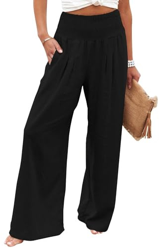 Imuedaen Leinenhose Damen Sommer Hose Casual Leinen Leicht Hosen Weites Bein Palazzo Freizeithose Hohe Taille Einfarbig Sommerhose Stoffhose mit Taschen