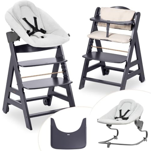 hauck Hochstuhl Beta+ Newborn Set Premium Light Grey - Babyhochstuhl Set ab Geburt mit Neugeborenen Aufsatz Bouncer, Sitzpolster und Essbrett - Dark Grey