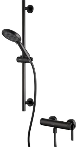 PaulGurkes Dusch-Set Matt-Schwarz Aufputz mit Duschstange und Brause Serie NOX
