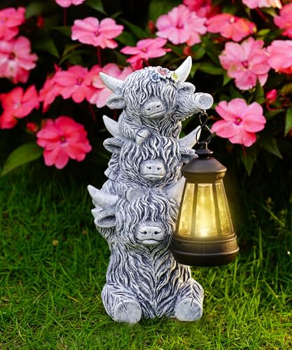 Goodeco Solar Laterne Highland Cow als 3er Set – Stapelbare LED Deko für Garten, Balkon & Terrasse – Garten Geschenkidee Grau