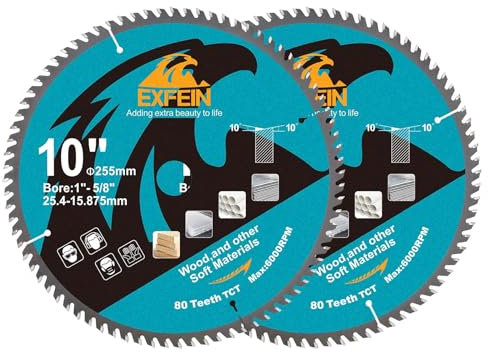 Disque à tronçonner pour bois EXFEIN 255mm 2pcs - Lame de scie circulaire compacte à dents en carbure 80T TCT, à usage général pour le cuttting dans le bois, le plastique et les matériaux composites