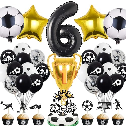Fussball Deko Geburtstag Kinder 6 Jahre Junge - 6. Geburtstagsdeko Luftballons Fußball Folienballon, Tortendeko und XXL Zahlenballon zum Kindergeburtstag Party Dekoration