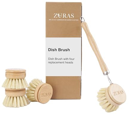 ZURAS - Spülbürsten Set mit 4 Ersatzköpfen aus harten Naturborsten, Holzgriff mit Aufhängeöse, Geschirrbürste, Spülbürste, Schrubbürste, ohne Kunsttoff
