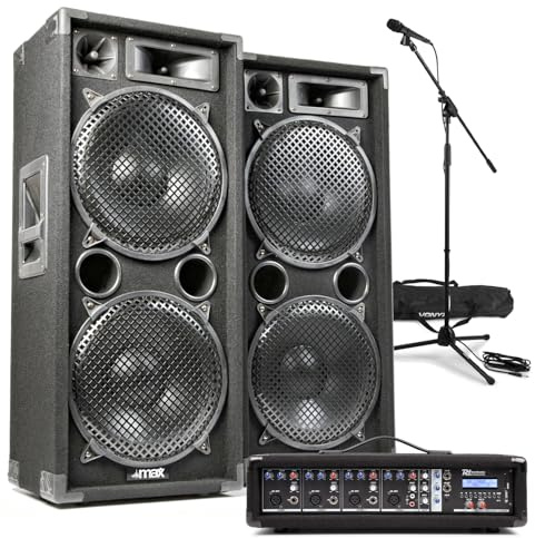 MAX212 Dual 12 Passive PA Speaker System with 4 Channel Mixer Amplifier, Microphone & 6m Cables – Complete Band, Vocalist & Church Audio Setup, 1400W Speakers, Bluetooth, Echo, Stand, Bag