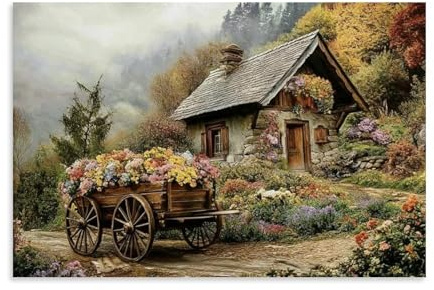 Kunstdruck auf Leinwand, Motiv: Frühlingsland, Berghütte mit Wildblumen und Grün, Poster, ästhetische Dekoration, Frühling, Ostern, Bauernhaus, Wanddekoration, 20 x 30 cm