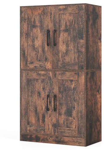 GiantexUK Tall Kitchen Cupboard, Pantry Storage Cabinet with 4 Doors, Adjustable Shelves & Anti-Tipping Device, Freestanding Kitchen Sideboard Units for Dining Living Room (Rustic Brown, 60x30x110cm)
