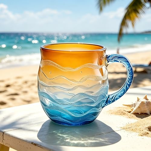 12oz Sea Glass Wave Mug with Handle, Sea Glass Gifts Mug, Sunset Wave Design Coffee Mug, Beach Theme Drinking Cups, Gift for Ocean Lovers and Beach-Themed Party Decor