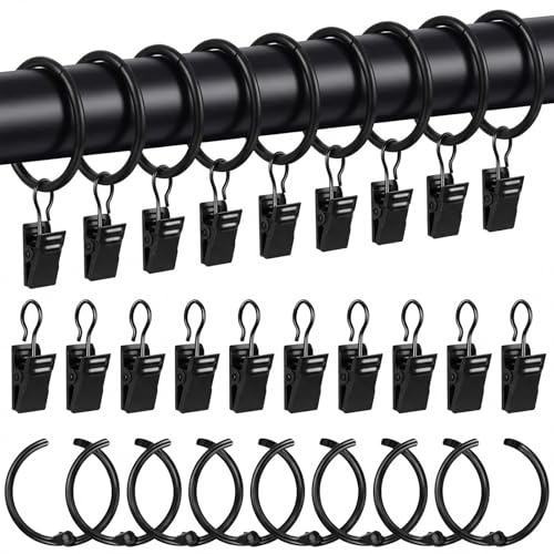 Redamancy 25 Piezas Anillos de Cortina de Metal con Clips, Diámetro Interior 32 mm, Negro, para Ventana, Puerta, Cortina de Ducha