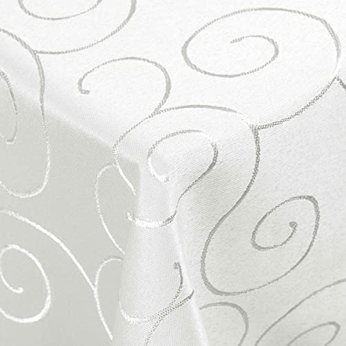 DecoHomeTextil Kringel Tischdecke Eckig 90 x 90 cm Weiß | schwere Qualtität, glänzend, Ornamente, Damast Tafeldecke