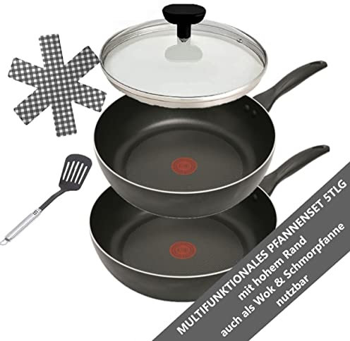 Tefal B30320 Multifunktionales Pfannenset 5 tlg, Pfanne 28cm + 30cm mit hoher Rand, Antihaftbeschichtet, Bratpfanne Set tief, WOK & Schmorpfanne