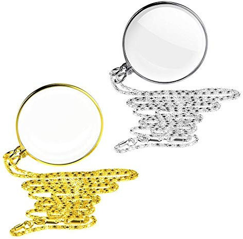 2 PCS HäNgende Lupe, Portable 5X Lupe Monokel-Objektiv Mit HäNgenden Halskette, Novelty unisex monokel, loupe Kette Schmuck Lupe mit Anhänger Optische Linse (Gold/Silber)
