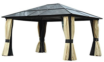 Outsunny 3.6 x 4m Hardtop Gazebo Canopy with Polycarbonate Roof and Aluminium Frame, Garden Pavilion with Mosquito Netting and Curtains