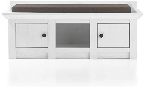 GuenstigEinrichten Garderobe Sitzbank Hooge in Pinie weiß Landhaus Garderobenbank und Schuhschrank 124 x 42 cm (Garderoben Sitzbank)