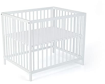 Laufgitter Baby Sarah, 75x95 cm in Weiß | 3-fach höhenverstellbar, schadstoffrei aus massivem Buchenholz I Kinderlaufstall, Laufstall Baby mitwachsend & stabil | Modernes Babybett im zeitlosen Design