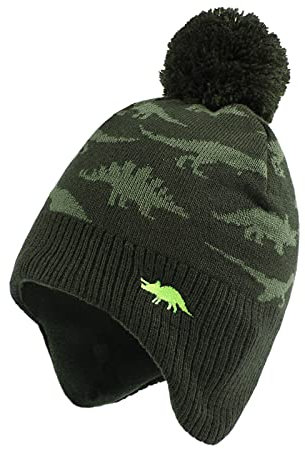 XIAOHAWANG Baby Strickmütze Winter Babymütze Junge Warme Kindermütze Junge Beanie Mütze Dicke Wintermütze für Herbst,Winter (Grün Dinosaurier Hut, 2-4Jahren)