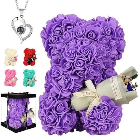 Geschenke für Frauen, Mama, Oma, Frau, Freundin, Rosenbär, Rosen Teddybär, Blumenbär, Valentinstag, Muttertag, Geburtstagsgeschenk,Mit Halskette(Violett)