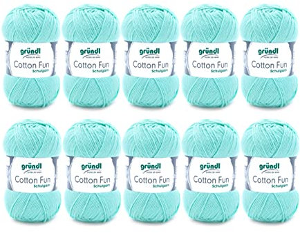 Gründl Wolle Cotton Fun - Wolle zum Häkeln - Strickgarn - Häkelgarn - Pflegeleicht und hautfreundlich - 100 % Baumwolle - 10 Knäuel 50 g / 115 m - Nadelstärke 3 - 4 - Mint