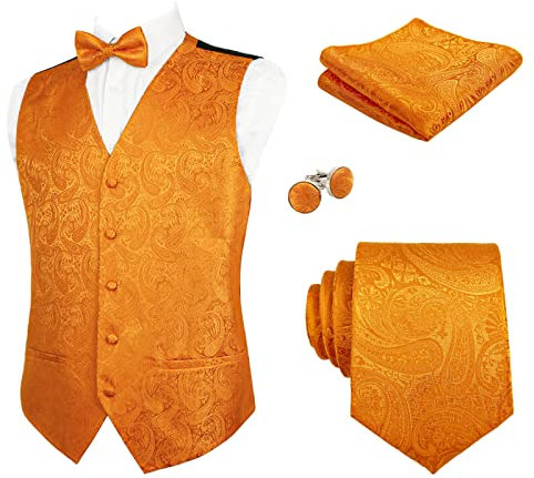 Alizeal Herren Weste Krawatte Hanky Manschettenknöpfe und Fliege Set Paisley Classic 5pc, Orange-M