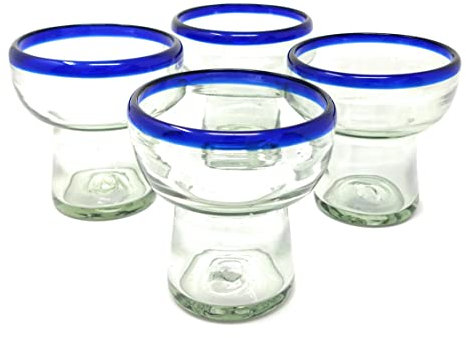 Dos Sueños Mexican Hand Blown Glass – Set of 4 Hand Blown Stemless Blue Rim Margarita Glasses (14oz)