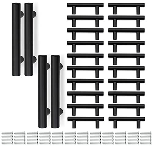 Bwintech 24 Pcs 100MM (64MM Hole Center) Matte Black Cabinet Pull Handles Kitchen T Bar Handles, Stainless Steel, Ideal for Cabinet, Drawer, Cupboard