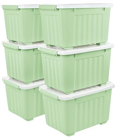 Cetomo 35L*6 Storage Boxes with Wheels, Plastic Storage Box with Lid, Latching Buckles, Click Closure, Stackable, Nesting, Durable Organizer for Home Office Clothes, Green, 35L-6 Pack