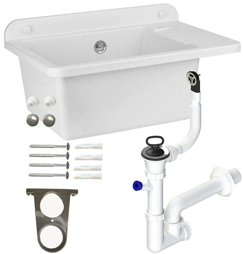botle Lavabo avec siphon bec verseur en plastique blanc couleur granit 50 cm de longueur suspendu installation d'eau cuisine salle de bain robuste