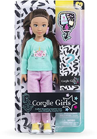 Corolle Girls Luna Shopping Surprise, Ankleidepuppe mit Ohrringen und 6 Überraschungen, Vanilleduft, 28cm, ab 4 Jahre