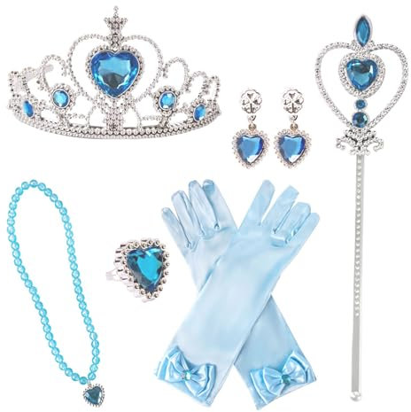 AWAVM Sechs Stück Prinzessin Kostüm Zubehör Animiert Charakter Set Krone Ohrringe Zauberstab Ring Halskette Handschuhe (Blau)