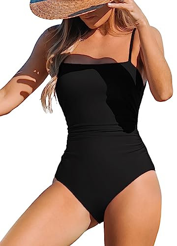 CUPSHE Damen Badeanzug Bandeau Bauchweg Raffung Quadratischer Ausschnitt Riemendesign Einteilige Bademode Swimsuit Schwarz S