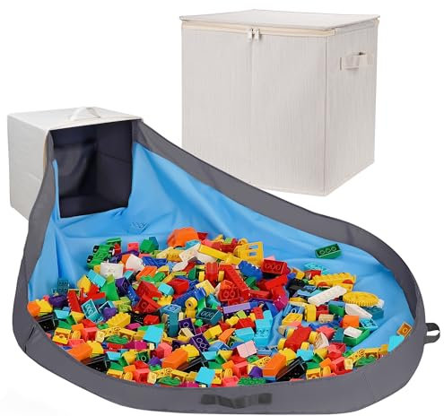 SAM AND MABEL Toy Storage Organizer with Play Mat for Kids – 13 x 13 x 13 Stackable and Foldable Cubby Box Nursery Organizers, Storage Bins with Lid for Playroom (Cream Bamboo)