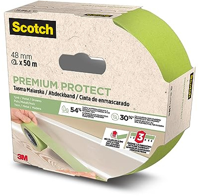 Scotch Premium Protect Malerabdeckband, 48 mm x 50 m - Vielseitiges Scotch Klebeband für Malerarbeiten und Dekoration, für Innen und Außen, Abklebeband
