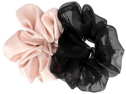 DESSANGE - 2 Haargummis aus strukturiertem Stoff – Haargummi aus Satin und Organza – Rosa und Schwarz – weiche Haargummis – Haar-Zubehör – modisches Haargummi