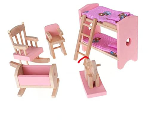 Dollhouse Furniture, Dolls House Furniture Mini Pink Cute Wooden Include Bunk Bed Chair Rocking Horse Cradle Dolls House Accessories for 7-14 Years Kids